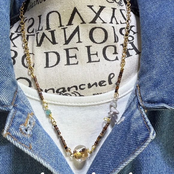 Gold and Brown Minimalist Beaded Necklace gemstones - Picture 1 of 4